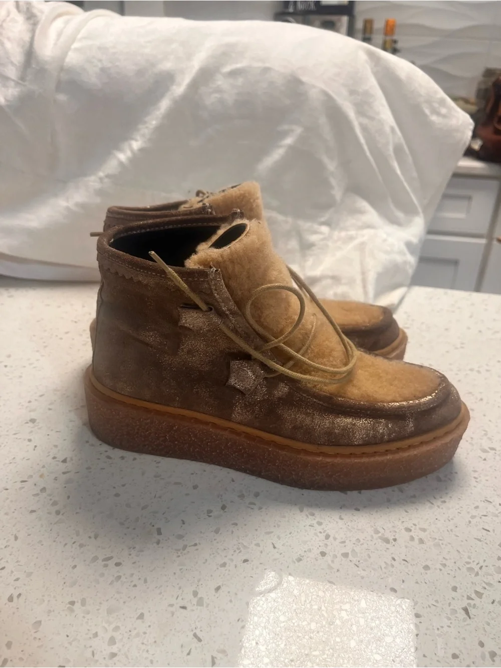 Free People Kids Tan and Brown Fuzzy Ankle Boots